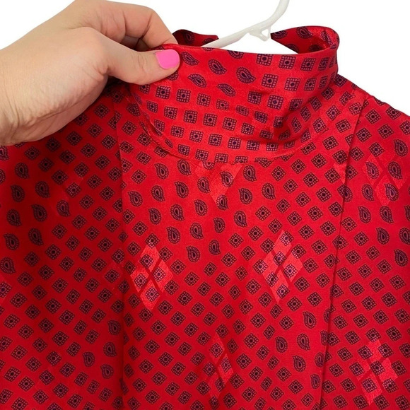 Vintage 90s Satin Mock Neck Blouse Shirt Womens Size Large Red Geometric Paisley - Picture 3 of 10